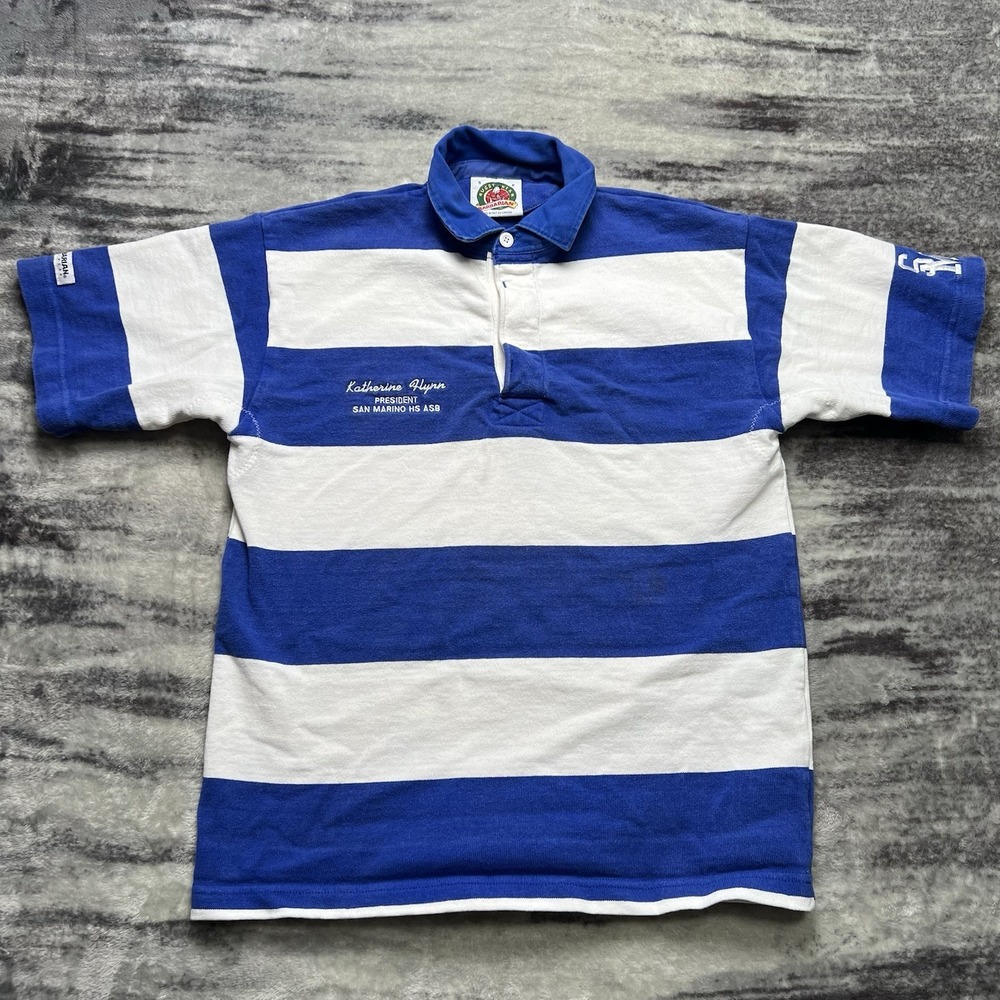 Vintage Barbarian Rugby Shirt Cotton Striped Jersey Polo Heavy Blue White